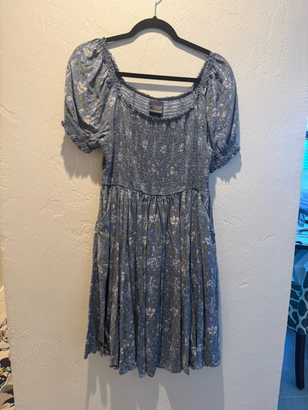 Blue Floral Puff-Sleeve Smocked Dress